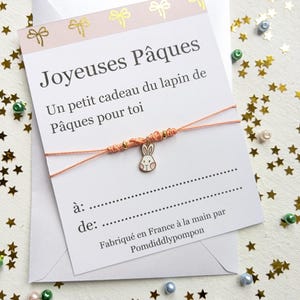Bracelet de Pâques sur cordon réglable, carte personnalisée avec enveloppe, bijou minimaliste avec breloque lapin, cadeau cloches de Pâques