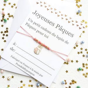 Pulsera de Pascua con cordón ajustable, tarjeta personalizada con sobre, joyería minimalista con dije de conejito, regalo de campanas de Pascua