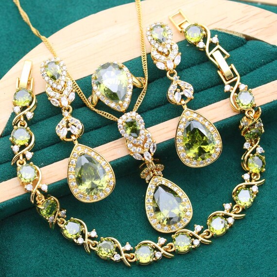 Luxury Olive Green AAA Zirconia Gold 925 Silver Plated Stamped Necklace/earrings/ring/bracelet, Premium Wedding Bridal Jewelry Set - Etsy Canada