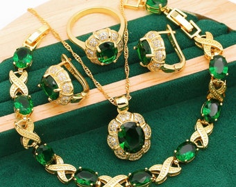 Luxury Emerald Green AAA Zirconia Gold 925 Silver Plated Stamped Necklace/Earrings/Ring/Bracelet,Premium Wedding Bridal Jewelry Set