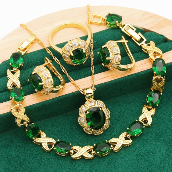 Luxury Emerald Green AAA Zirconia Gold 925 Silver Plated Stamped Necklace/Earrings/Ring/Bracelet,Premium Wedding Bridal Jewelry Set