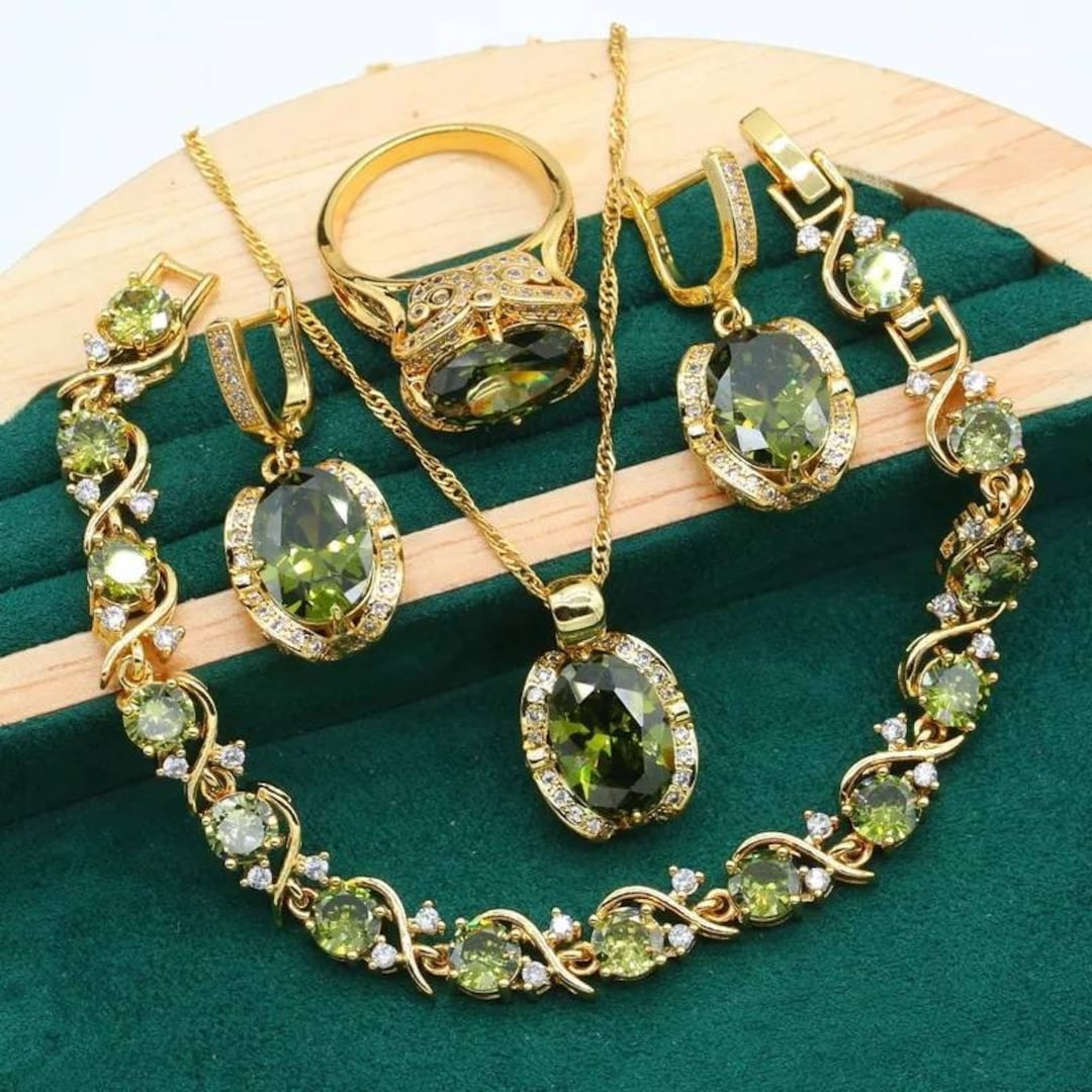 Luxury Olive Green AAA Zirconia Gold 925 Silver Plated Stamped Necklace/earrings/ring/bracelet,premium Wedding Bridal Jewelry Set
