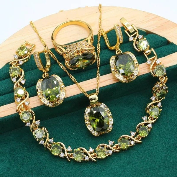 Collier / boucles d’oreilles / bague / bracelet de luxe vert olive AAA Zirconia Gold 925 plaqué argent / boucles d’oreilles / bracelet, ensemble de bijoux de mariage de mariage haut de gamme