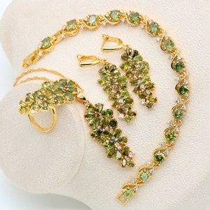 Luxury Olive Green/White AAA Zirconia Gold 925 Silver Plated Stamped Necklace/Earrings/Ring/Bracelet,Premium Wedding Bridal Jewelry Set