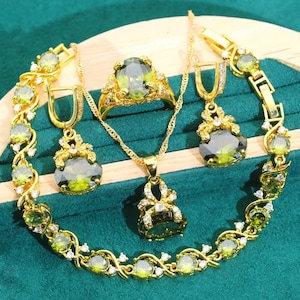 Luxury Olive Green AAA Zirconia Gold 925 Silver Plated Stamped Necklace/Earrings/Ring/Bracelet,Premium Wedding Bridal Jewelry Set