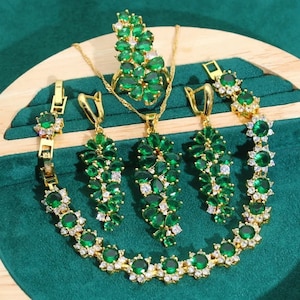 Luxury Emerald Green AAA Zirconia Gold 925 Silver Plated Stamped Necklace/Earrings/Ring/Bracelet,Premium Wedding Bridal Jewelry Set