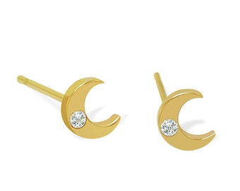 Gold Diamond Moon Stud Earring - 14 Karat Solid Gold - Crescent Moon Earring -  Diamond Earring -  Dainty Moon Stud Earring - Gift For Her