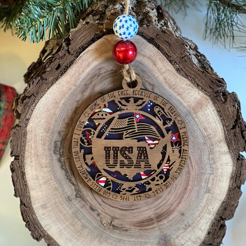 Patriotic USA Holiday Christmas Wood Custom Ornament