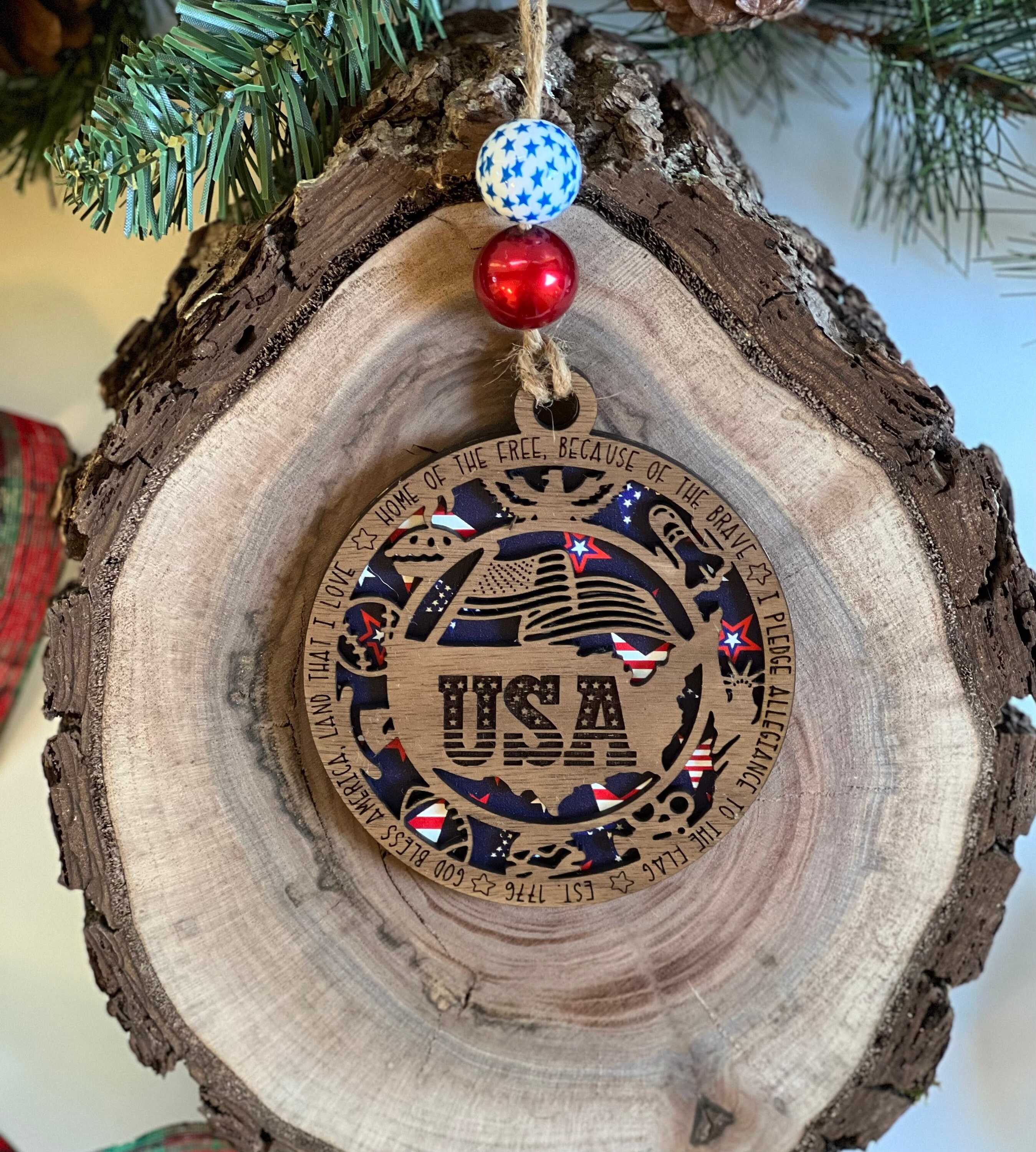 Patriotic USA Holiday Christmas Wood Custom Ornament
