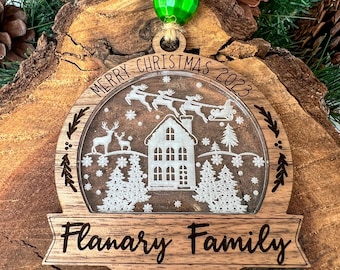 Merry Christmas Village or Reindeer Wood and Acrylic Personalized Custom Ornament