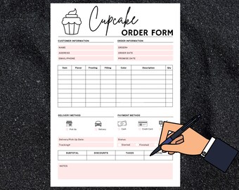May include: A printable cupcake order form with sections for customer information, order details, delivery method, payment method, and a table to list cupcake flavors, frostings, fillings, colors, descriptions, and quantities. The form also includes sections for subtotal, discounts, taxes, and notes.