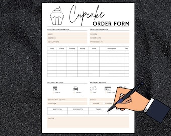 May include: A printable cupcake order form with sections for customer information, order details, delivery method, payment method, and a notes section. The form includes fields for name, address, email/phone, order number, order date, promise date, item, flavor, frosting, filling, color, description, quantity, pick up, delivery, cash, credit card, delivery/pick up date, tracking number, subtotal, discounts, taxes, and notes.
