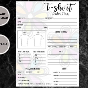 Tshirt Order Form Template Printable, Custom Shirt Order Form, Order Form for Crafters, Order Form Template, Instant Digital Download