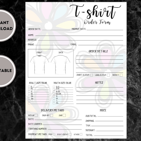 Tshirt Order Form Template Printable, Custom Shirt Order Form, Order Form for Crafters, Order Form Template, Instant Digital Download