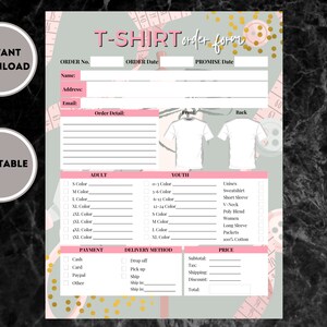Tshirt Order Form Template Printable, Custom Shirt Order Form, Order Form for Crafters, Order Form Template, Instant Digital Downloadble