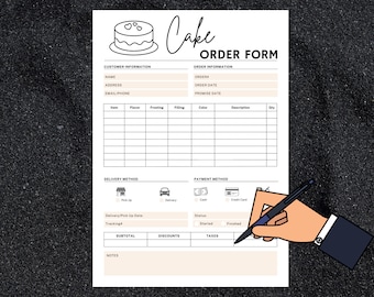 May include: A printable cake order form with sections for customer information, order details, delivery method, payment method, and notes. The form includes fields for name, address, email, phone, order date, promise date, item, flavor, frosting, filling, color, description, quantity, pick up, delivery, cash, credit card, delivery/pick up date, tracking, subtotal, discounts, taxes, and notes.