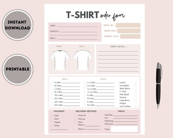 Plantilla de formulario de pedido de camiseta imprimible, formulario de pedido de camisa personalizado, formulario de pedido para artesanos, plantilla de formulario de pedido, descarga digital instantánea