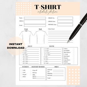 Tshirt Order Form Template Printable, Custom Shirt Order Form, Order Form for Crafters, Order Form Template, Instant Digital Download