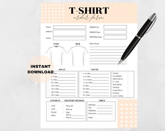 Tshirt Order Form Template Printable, Custom Shirt Order Form, Order Form for Crafters, Order Form Template, Instant Digital Download