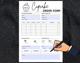May include: A printable cupcake order form with sections for customer information, order details, delivery method, payment method, and notes. The form includes fields for name, address, email, order date, promise date, item, flavor, frosting, filling, color, description, quantity, pick up, delivery, cash, credit card, subtotal, discounts, taxes, and total.