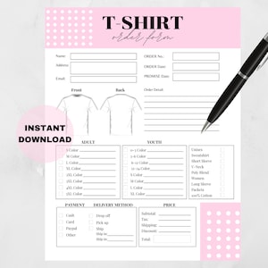 Tshirt Order Form Template Printable, Custom Shirt Order Form, Order Form for Crafters, Order Form Template, Instant Digital Download