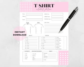 Tshirt Order Form Template Printable, Custom Shirt Order Form, Order Form for Crafters, Order Form Template, Instant Digital Download