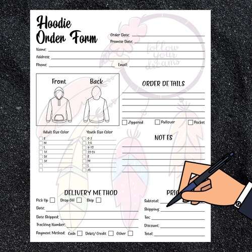 Hoodie Order Form Template Printable Custom Hoodie Order Etsy
