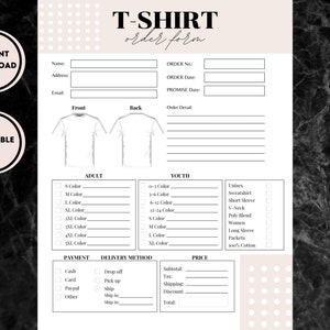 Tshirt Order Form Template Printable, Custom Shirt Order Form, Order Form for Crafters, Order Form Template, Instant Digital Download