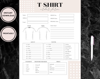 Tshirt Order Form Template Printable, Custom Shirt Order Form, Order Form for Crafters, Order Form Template, Instant Digital Download