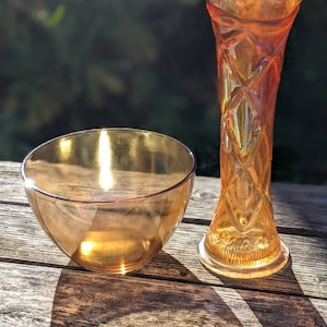 CARNIVAL GLASS VASE and Bowl Set of 2 Vintage Marigold Glass Tall Art Glass Vase and Matching Candy Nut Bowl | Orange Peach Carnival Glass