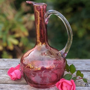 BOHEMIAN GLASS DECANTER Antique Cranberry Etched Cut to Clear Pink Crystal with Rose Pattern | Victorian Antique Glass Pink Handle Pitcher