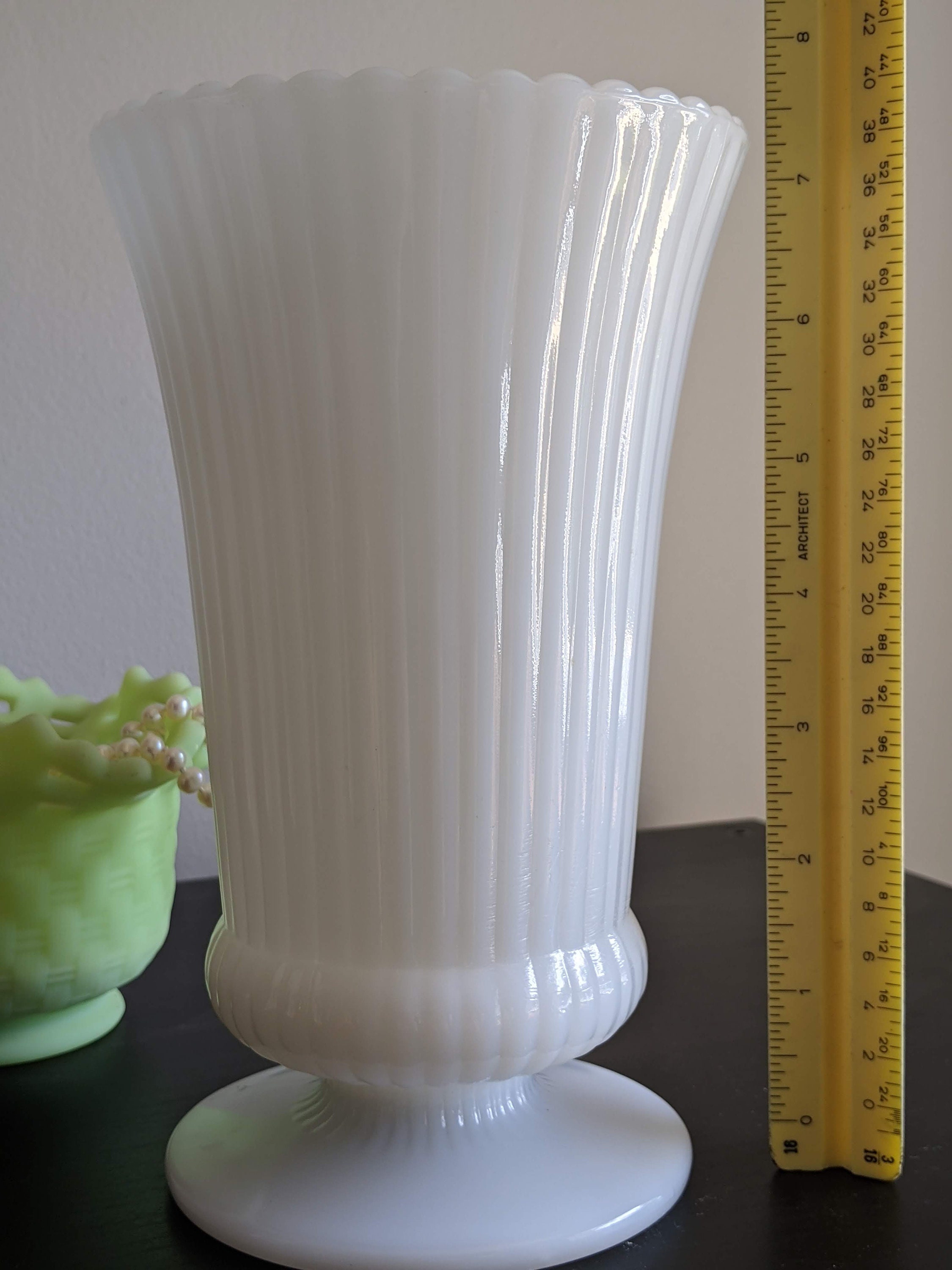 Tall Milk Glass Ridged Vase with Fluted Scalloped Rim and Etsy
