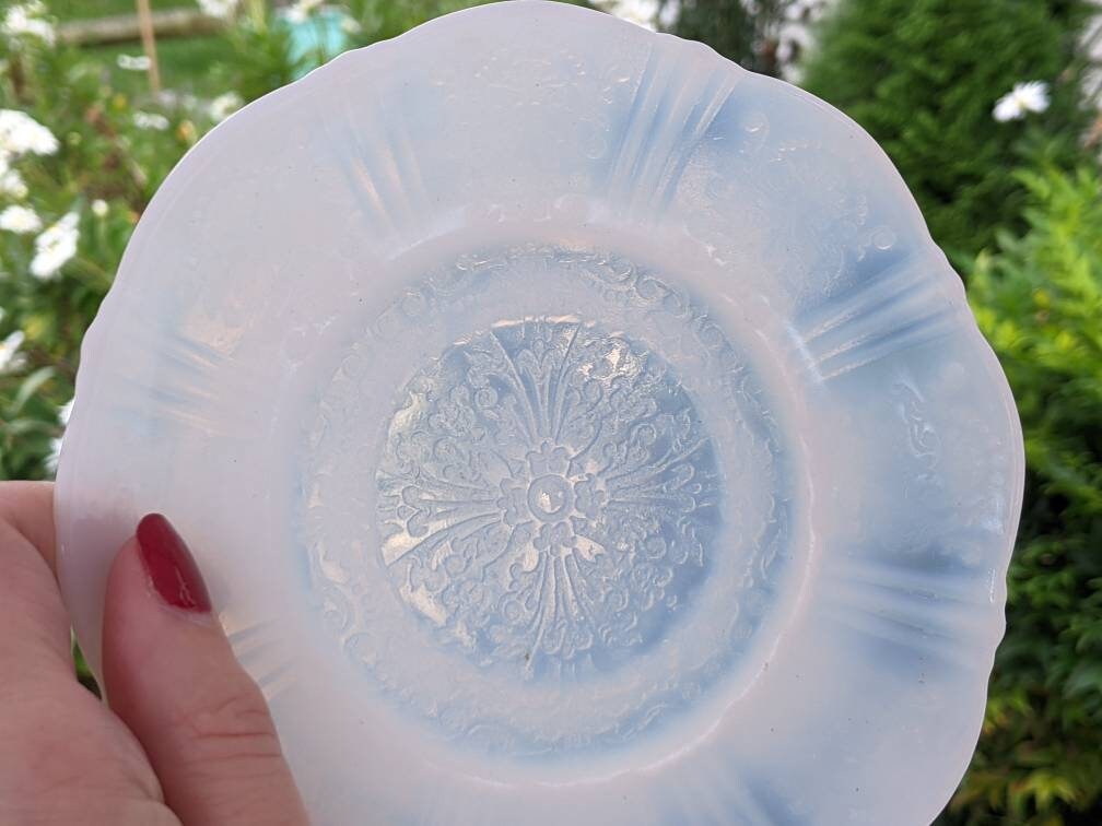 VINTAGE GLASS SAUCERS White Milk Glass Set of 4 in Depression Era Floral Pattern Translucent