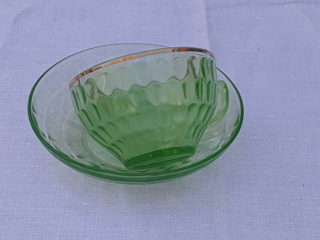 VASELINE Glass TEACUP and SAUCER Mixed Set Vintage Federal Thumbprint