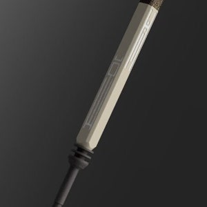 May include: A white and gray lightsaber with a black handle. The lightsaber has a textured surface and a black tip.
