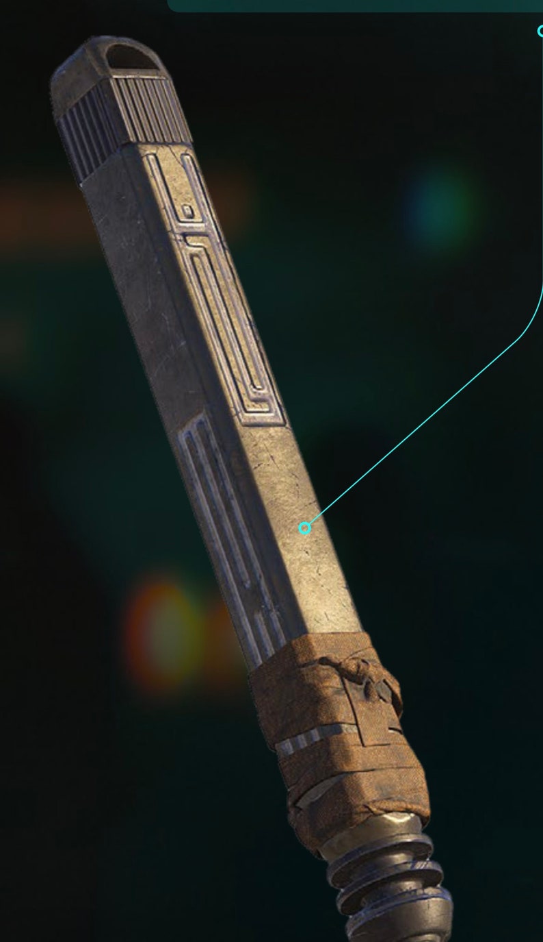 May include: A long, thin, metallic object with a brown, weathered finish. It has a series of grooves and ridges along its length, and is wrapped in brown tape near the bottom.