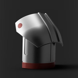 May include: A silver and red robot with a single red circle on the top of its head. The robot has a rounded, futuristic design.