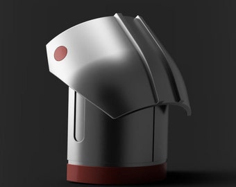 May include: A silver and red robot with a single red circle on the top of its head. The robot has a rounded, futuristic design.