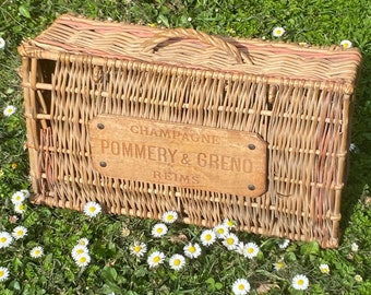 French vintage wicker basket with 6 compartments for small bottles