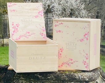 Deutz シャンパン木製クレート（ペア） - Blossom Design ヒンジ付き収納