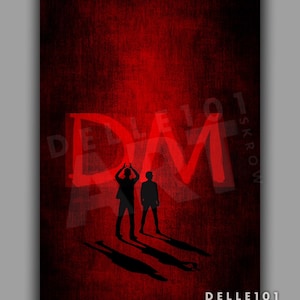 Könnte beinhalten: Roter und schwarzer Kunstdruck mit zwei Schattenfiguren und langen Schatten, unter den roten Buchstaben "DM". Das Kunstwerk hat einen strukturierten Hintergrund und den Text "DELLE101 ART" unten rechts.