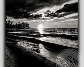 Black/White Sunset Beach Art Kunstdruck Leinwand Bild