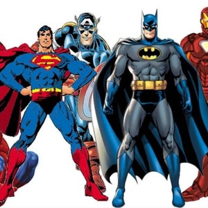 May include: A group of six superheroes standing together. Superman is wearing a red cape and blue suit. Batman is wearing a black cape and blue suit. Captain America is wearing a red, white and blue suit. Iron Man is wearing a red and gold suit. Hulk is wearing green trousers and a green shirt. Thor is wearing a brown cape and a red shirt.