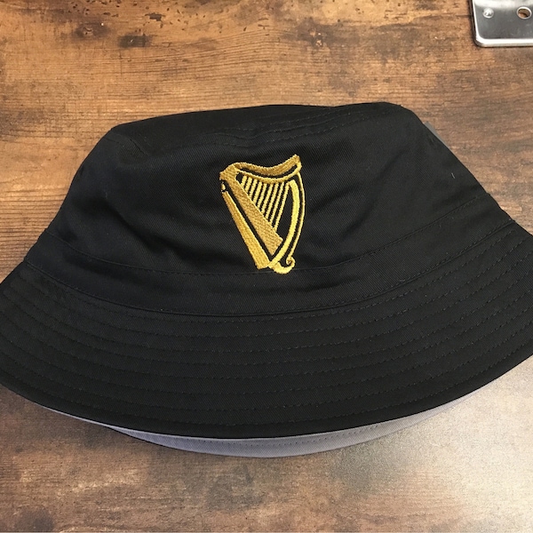 Harp Vintage Festival Style Retro Bucket Hat - Irish Beer Inspired  -Festival Hats - Sun Hats - Black Stuff -Embroidered Bucket Hat- QuirkY-