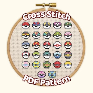 May include: A wooden embroidery hoop containing a cross stitch pattern on white Aida fabric. The design features twenty-seven small, circular, multi-colored ball icons arranged in a grid. The text Cross Stitch and PDF Pattern is visible.