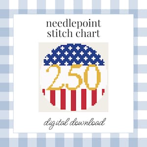 May include: A needlepoint stitch chart digital download featuring a circular graphic with a blue field of white crosses above red and white vertical stripes. The gold number 250 is centered over the stripes. Text reads needlepoint stitch chart.
