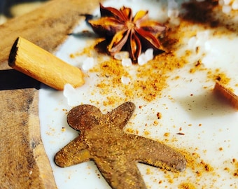 May include: A white surface with brown cinnamon sticks, star anise, and a gingerbread man cookie. The surface is covered in a light brown powder.