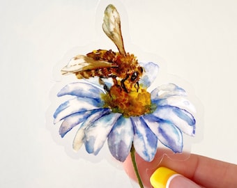 Daisy and the Bee Watercolor Transparent Sticker/laptop water bottle tumbler planner vinyl decal/garden save the bees/beekeeper/farm
