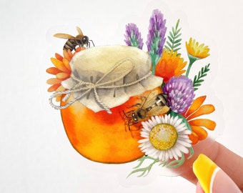 Floral Honey Jar and Bees Transparent Sticker/laptop water bottle tumbler planner vinyl decal/garden save the bees/beekeeper/farm