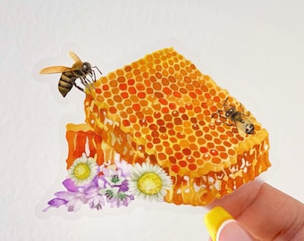 Floral Honeycomb Bee Watercolour Transparent Sticker/laptop water bottle tumbler planner vinyl decal journal bijou phone beekeeper